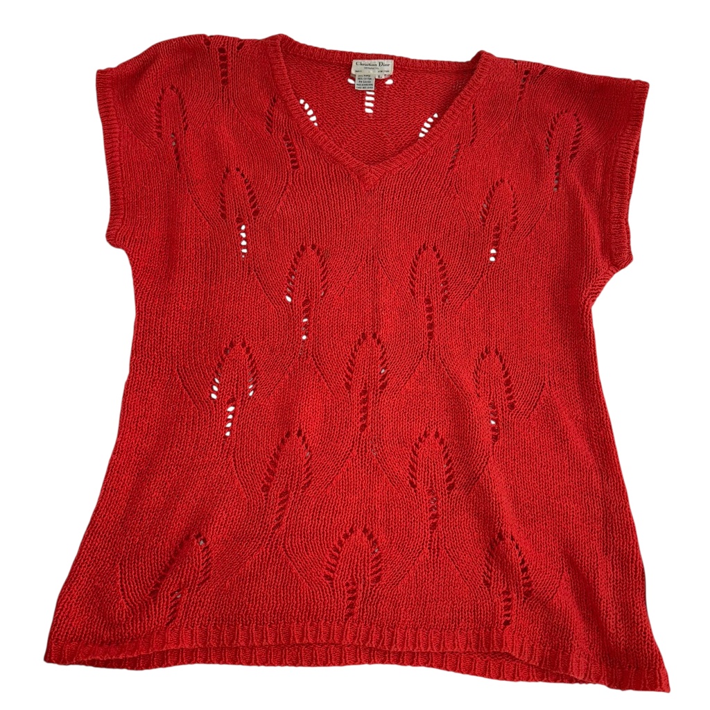 Christian Dior Red Vintage Crochet Knit Short Sleeve Ramie Cotton Sweater L